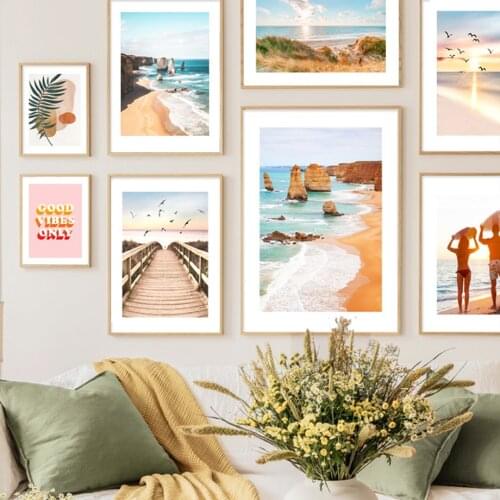Nordic Style Beach Field Wall Art Couples Bridge Sea Surfboard Posters and Prints Leaf Canvas Painting for Living Room Decor