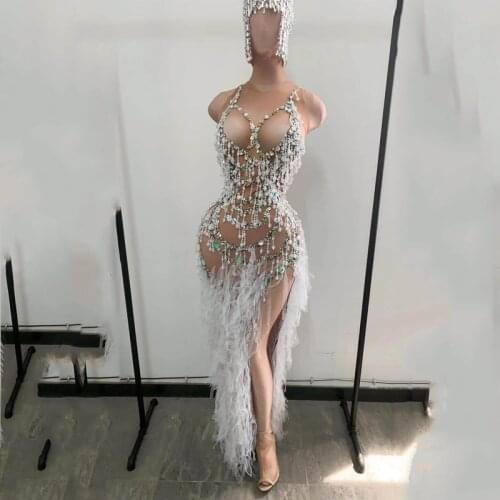 Nightclub Bar Female Fake Print Pearl Long Dress Sexy Rhinestones Dress Split Eveining Dress Stage Show Party DS Costume DN6672