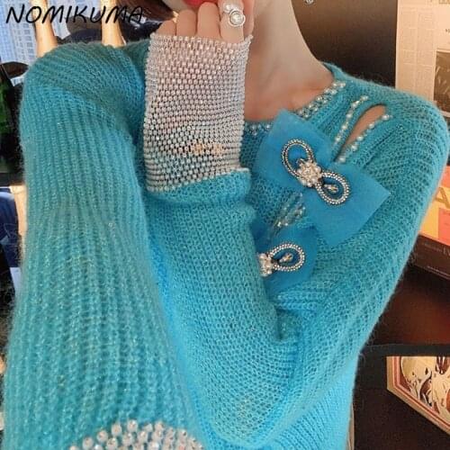Nomikuma Sweet Bowknot Hollow-out Knitted Sweater Korean Diamonds Long Sleeve Pullover Causal Drawstring Knitwear Tops 6Z944