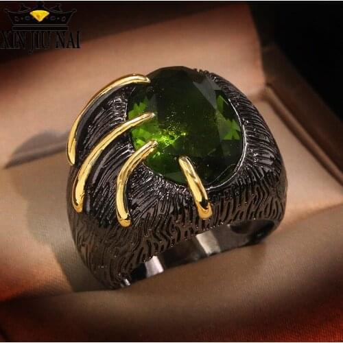 New 18K black gold claw fashion retro style super flash exaggerated big green jade gemstone ring women luxury brand jewelry