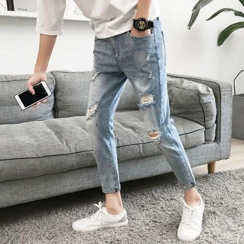 Wholesale 2020 teenagers Ripped jeans mens feet loose Korean style trendy beggar pants Slim spring summer thin cropped trousers