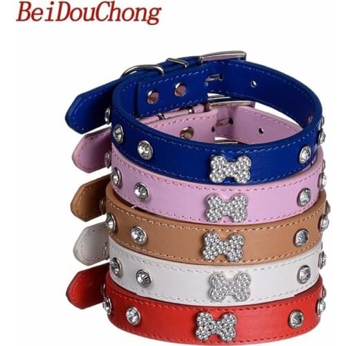 Wholesale 5 Colors Pet Puppy Collar Luxury Diamante Bling Bone Neck Strap PU Leather Adjustable Small Dog Collar