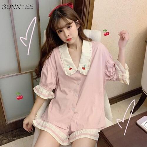 Pajama Sets Pink Sweet Patchwork Ruffles Casual Lovely Cherry Design Two Piece Fashion Summer Feminine Sleepwear Simple Chic New
