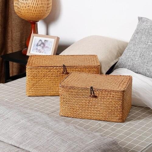 Wicker Basket Natural Handmade Woven Storage Box with Lid Seagrass Storage Basket Sundries Organizer Laundry Baskets Home Decor