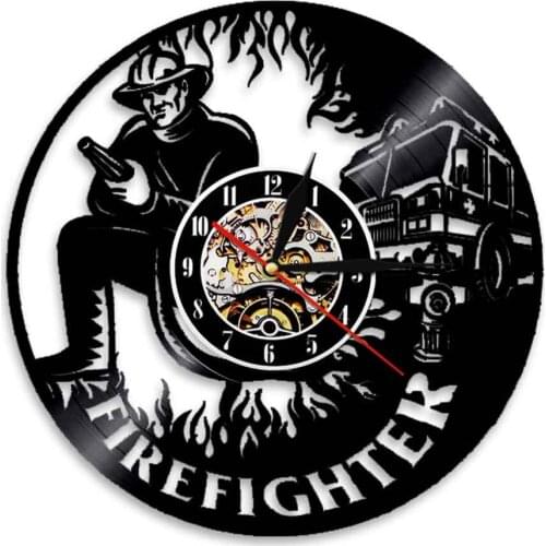 Firefighter Wall Clock Vinyl Music Record Time Clocks Fire Fighting Truck Led Light LP Hanging Watch Non-Ticking Fireman Gift