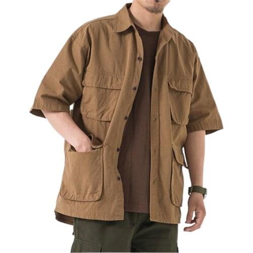 5-sleeve Large Size Tooling Shirt Mens Hong Kong Style Japanese Loose Multi Pocket Short Sleeve Shirt Lazy Style Summer Medium