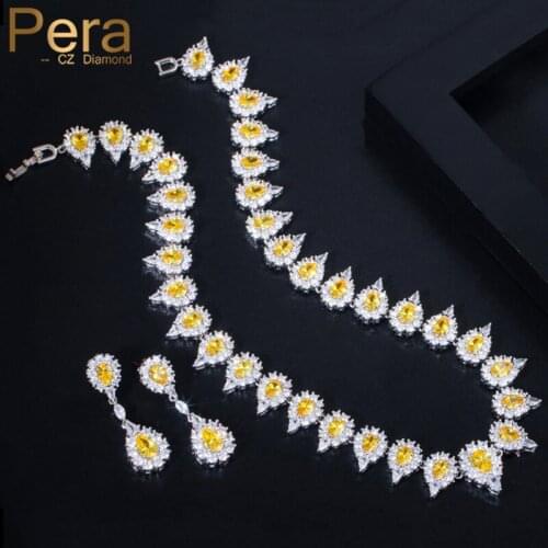 Pera Lovely Dangle Drop Shape Yellow CZ Stone Bridal Wedding Party Round Choker Necklace Earrings Jewelry Set for Women J356