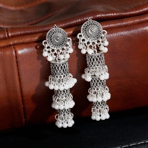 Vintage Silver Color Long Alloy Bollywood Oxidized Earrings Hangers Womens Retro Ethnic Pearl Tassel Jhumka Dangle Earrings