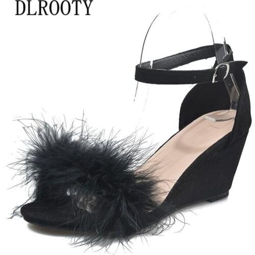 Woman Sandals Shoes Summer Pumps High Heels Wedges Peep Toe Fur Buckle Strap Fashion Hollow Solid Gladiator Plus Size 35-43