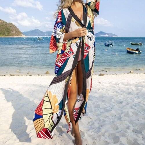 Womens Flowy Open Front Swimsuit Cover Ups Boho Leaves Leopard Printed Long Cardigan Side Split Drawstring Kimono Robe