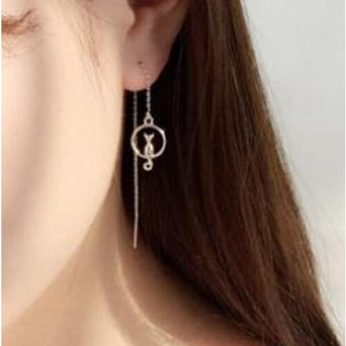 SMJEL New Fashion Cute Cat on Moon Earrings for Women Lucky Animal Cat Long Chain Earring Jewelry oorbellen Birthday Gifts