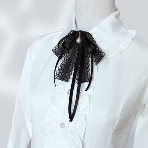 Women Girls Black Lace Ribbon Bow Tie Faux Pearl Pendant Brooch Pin Necklace Uniform Shirt Blouse Pre-Tied Jabot Collar