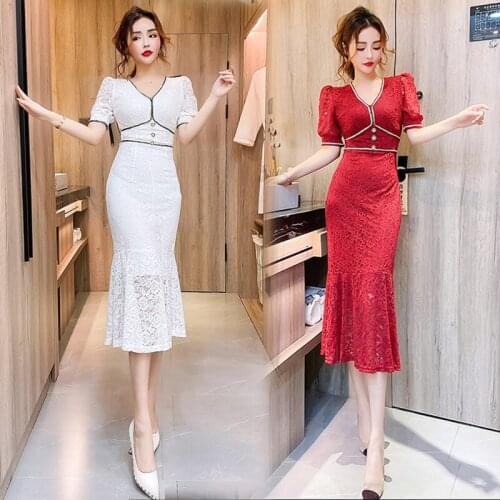 Summer New Style French Retro Banquet Lace Beach V-Neck Ladies Long Fishtail Dress Black White Red