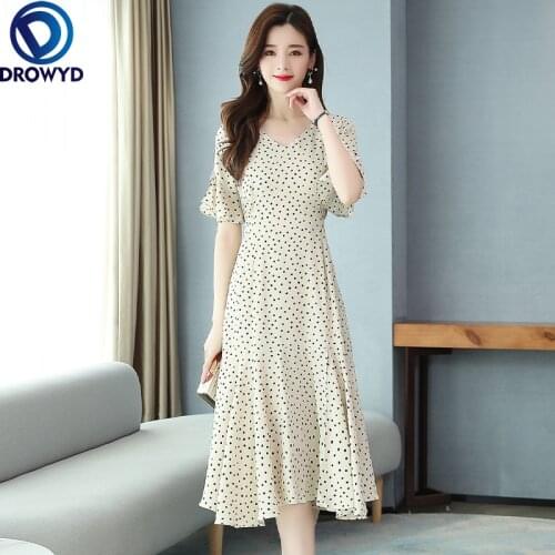 Apricot Retro Dot Printed V-neck High Waist Chiffon Fashion Dress Women Vintage French Long Dresses 2021 Summer Vestido De Mujer