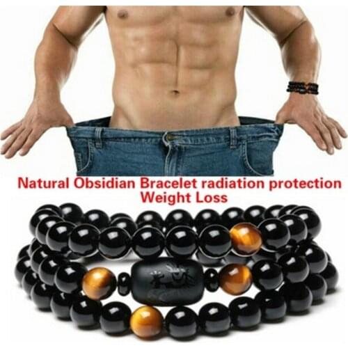 1PCS Weight Loss Round Black Stone Magnetic Therapy Bracelet Health Care Magnetic Hematite Stretch Bracelets For Men Women