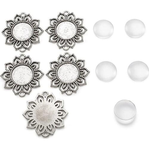 10 Sets Tray 18mm Tibetan Style Alloy Flower Connector Cabochon Bezel Settings and Flat Round Transparent Glass Cabochons