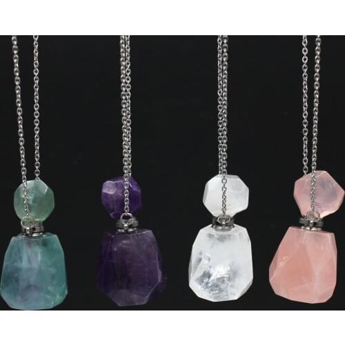100-Unique 1 Pcs Stainless Steel Perfume Bottle Fluorite Stone Pendant Clear Quartz Link Chain Necklace Can Open Jewelry