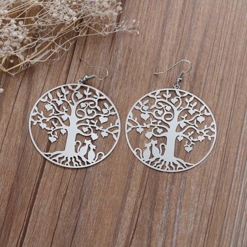 8Seasons Copper Filigree Stamping Earrings Round Silver Color Tree Carved Hollow 63mm x 45mm,1 Pair Hot new