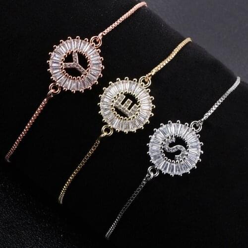 A-Z 26 Alphabet Letter Adjustable Charm Bracelet Copper Cubic Zirconia Initial Chain Bracelets for Women Friendship Jewelry Gift
