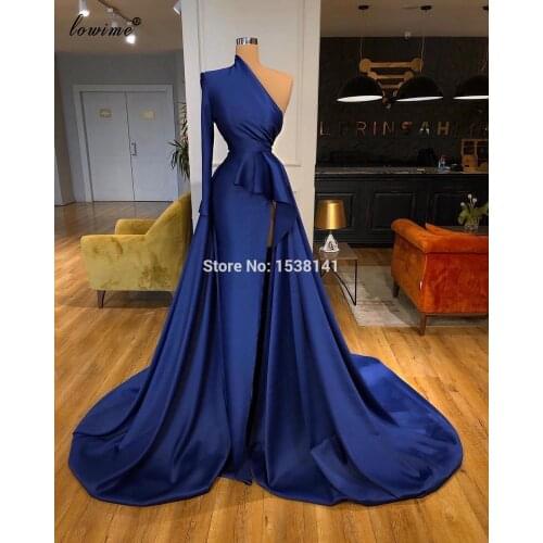 Arabic Navy Blue Celebrity Dresses 2020 One Shoulder Dubai Evening Dresses Women Party Night Formal Red Carpet Dresses Vestidos