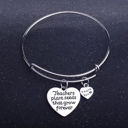 Bespmosp 12PC/Lot Wholesale Heart Pendant Bracelet Bangle"Teachers Plant Seeds That Grow Forever"Teachers Day Charm Jewelry Hot