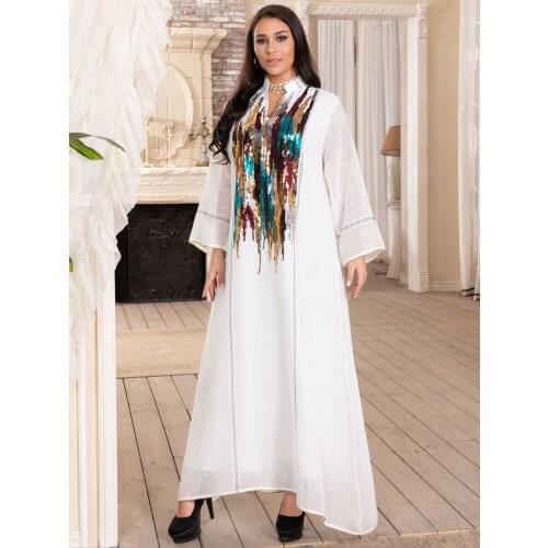 Women Dubai Sequin Galabiya Abaya Loose Mesh Muslim Fashion Arab Ethnic Caftan Marocco Hijab Dress Party Eid Wedding White
