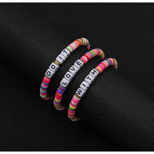 LOVE Letter Polymer Clay Bracelet for Women Boho Polymer Clay Beads Heishi Disc Bracelet Elastic Jewelry 2020 New 3pcs/set