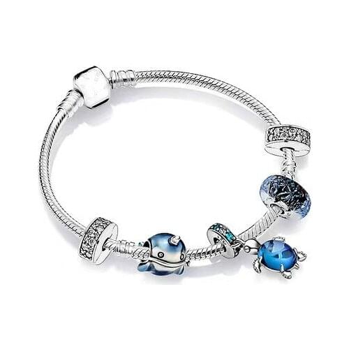925 sterling silver summer ocean series blue secret fish starfish tortoise glass shell fashion Pandora bracelet
