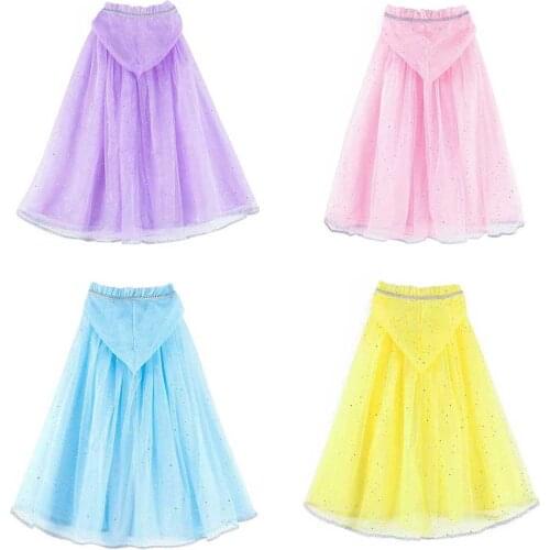 Child Princess Costume Hooded Cape Tulle Sheer Cloak Shiny Glitter Kids Halloween Fancy Dress Summer Sun Protection Long Shawl