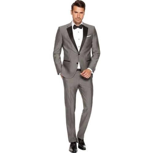 Mens Wedding Suits Groom Tuxedos 2 Piece Sets Slim Fit Business Suit For Men Light grey Black Peak Lapel Party Suit Jacket Pants