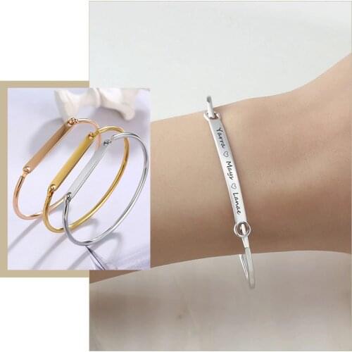 Elegant Personalized Name D Shape Bangle for Women 5mm Customize Stainless Steel ID Bar Cuff Bracelet Temperament Jewelry