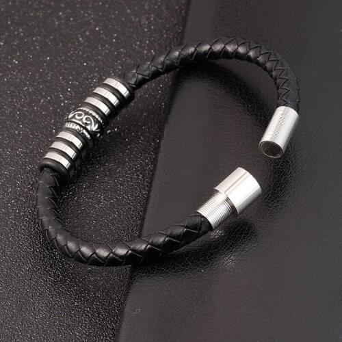 LAMEMDEE New Fashion Multilayer Leather Bracelet for Men Jewelry Punk Stainless Steel Bangle Magnetic Buckle Black Gold Color