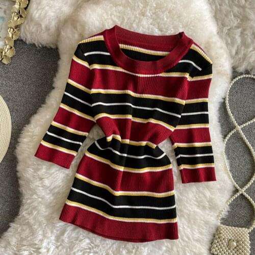 2021 Summer New Fashion Women Short Sleeve O-Neck Striped Knitted Sweater T Shirt Thin Casual Slim Tops Camiseta Mujer