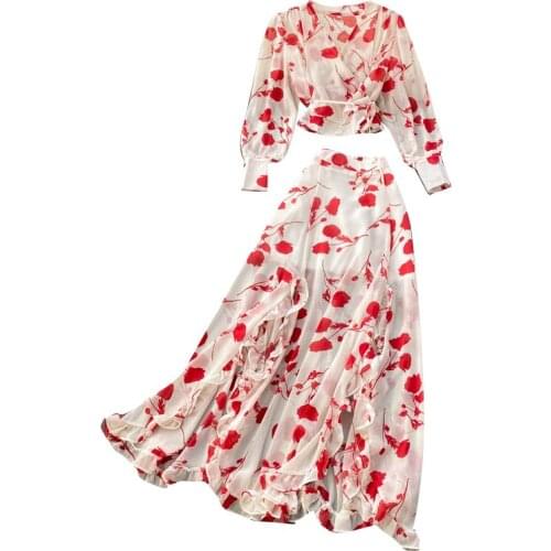 2021 Autumn New Womens V-neck Lace-up Chiffon Shirt ShortTop Suit Sexy Fungus Side Split SkirtTwo-piece Suit