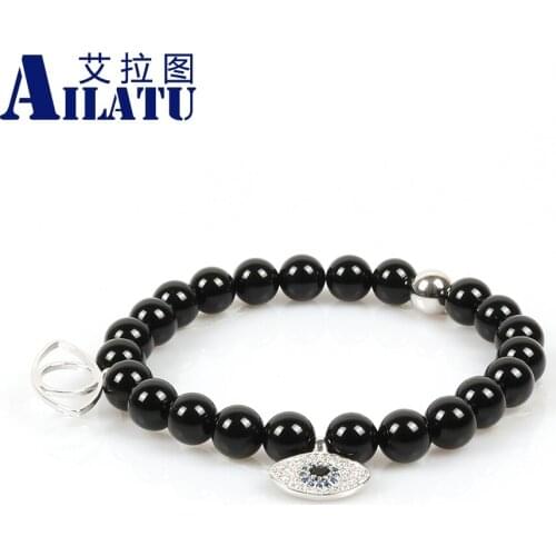 Ailatu New Design 8mm Natural Black Onyx Stone Beads with Blue Cz Turkish Lucky Eye Beaded Bracelet