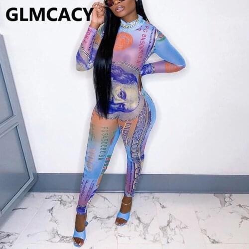 Long Sleeve USD Printed Skinny Jumpsuits Sexy Party Club Overalls