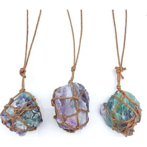 Fluorite Necklace Natural Stone Pendant for Women Men Handmade Irregular Chakra Pendule Reiki Jewelry Retro Wrapped Big Pendants