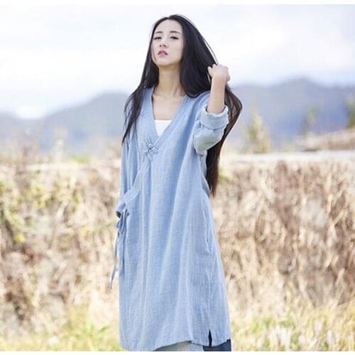 Qaturalan New Women Cotton Linen Retro Original Vintage Coat Maxi Long Sleeve Cardigan Leisure Loose Long Trench Coat Plus Size