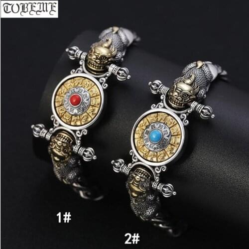Real 925 Silver Bracelet Thai Silver Wealth Pixiu Good Luck Bracelet Vintage Buddhist Dorje OM Mani Padme Hum Man Bracelet