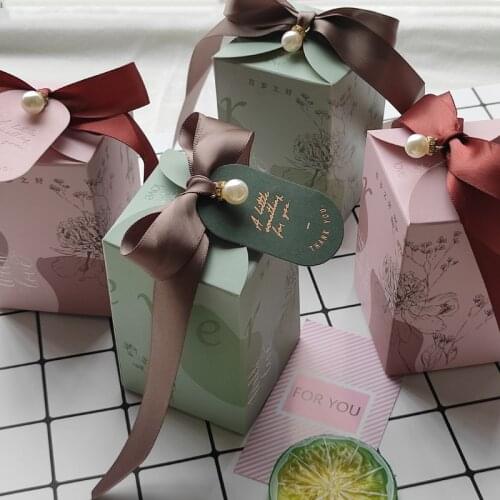 Pink Gift Box "forever with Love" Green Flower Paperboard Boxes Packaging Candy Gift Bag for Wedding Favors Baby Shower Party