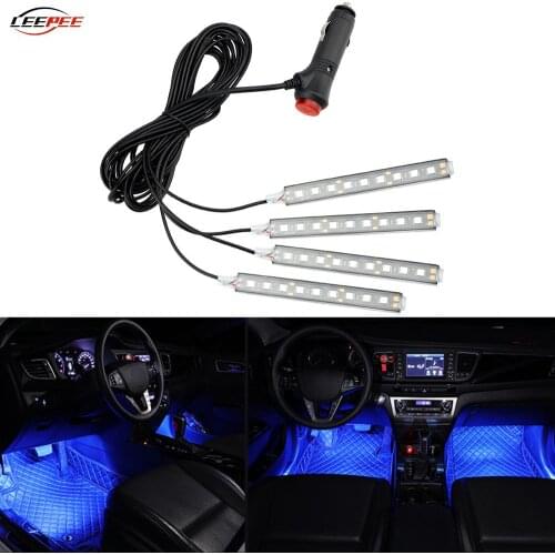 4pcs 12V Strips LED Car RGB Mood Ambient Lights Interior Door Foot Lamps Cigarette Lighter Adapter Auto Accessories Decoration