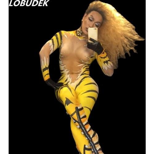 Tiger-printing yellow jumpsuit Bar Female Dancer stage Role performance clothes Leotard Elastic Rompers Club Pole dance costumes