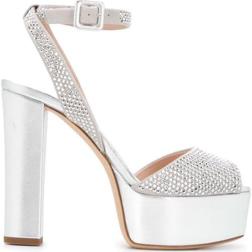 Sliver Black Rhinestone Chunky Heel Platform Buckle Sandals Woman Hot Crystal Drill Peep Toe Fashion Wedding Sandals Shoes Lady