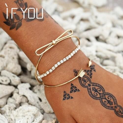 IF YOU 3Pcs/Set Arrow Round Bracelets&Bangles For Women Fashion Alloy Gold Color Crystal Multilayer Bracelets Jewelry Gifts