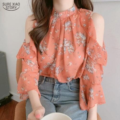 Print Summer Chiffon Blouses Fashion Off Shoulder Tops Women Blusas Mujer De Moda 2021 Elegant Loose Office Lady Tops 9931