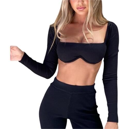 Womens Rib Knit Crop Tops Sexy Long Sleeve Square Neck Solid Color Stretchy Blouse