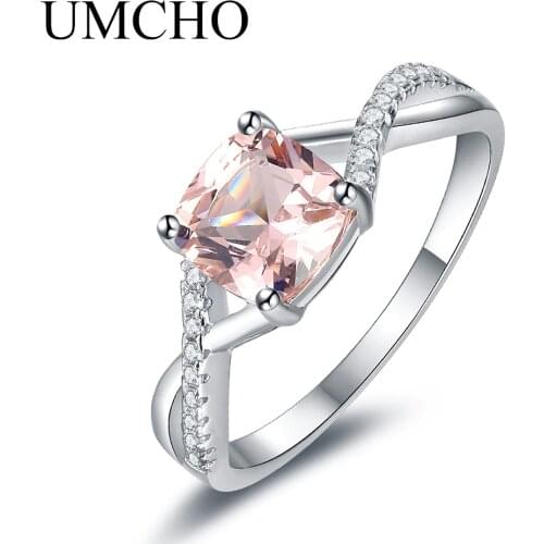 UMCHO Morganite Gemstone Rings for Women Real 925 Sterling Silver Ring Silver Wedding Engagement Band Romantic Fine Jewelry Gift