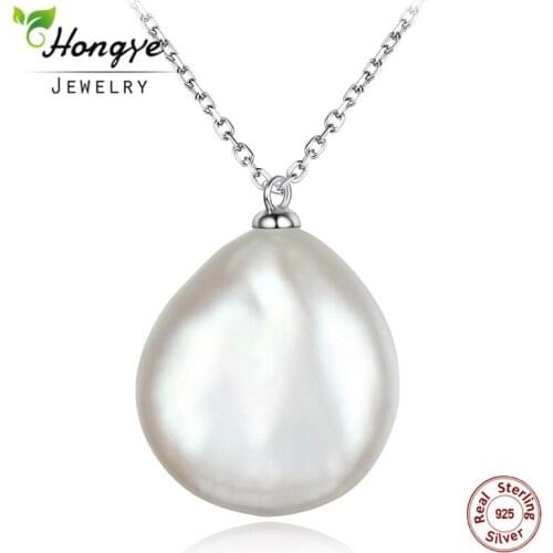 Hongye Baroque Irregular White Pearl Flat Natural Freshwater Pearl Necklace with 925 Sterling Silver Pendants for Women Gift