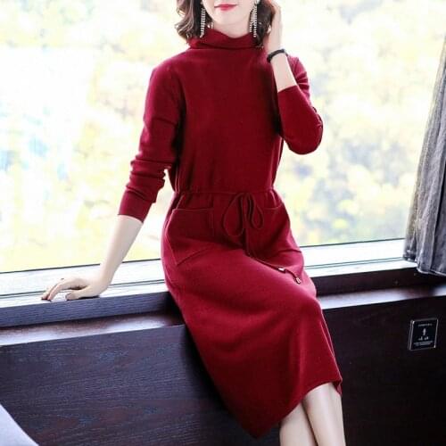 2020 Fashion Vintage Wool Cotton Sweater Dress Fall Winter Korean Red Long Sleeve Boho Midi Dress Women Elegant Bodycon Vestidos