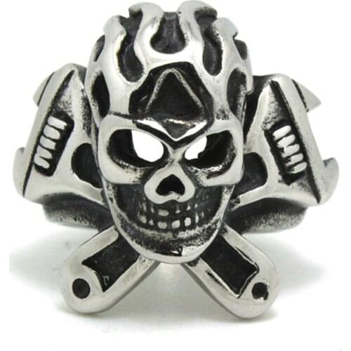 1pc Cool Fashion Punk Style Big Skull Wrench New Ring 316L Stainless Steel Hot Selling Ring